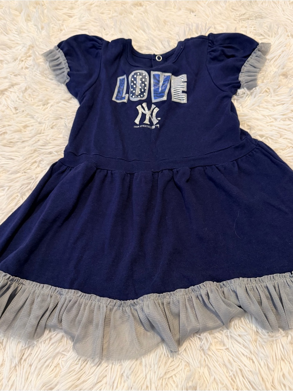 Kids Navy Yankees 'Love' Dress with Gray Ruffle Trim